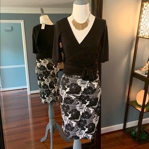 Pencil Skirt - Black/White Floral Butterfly